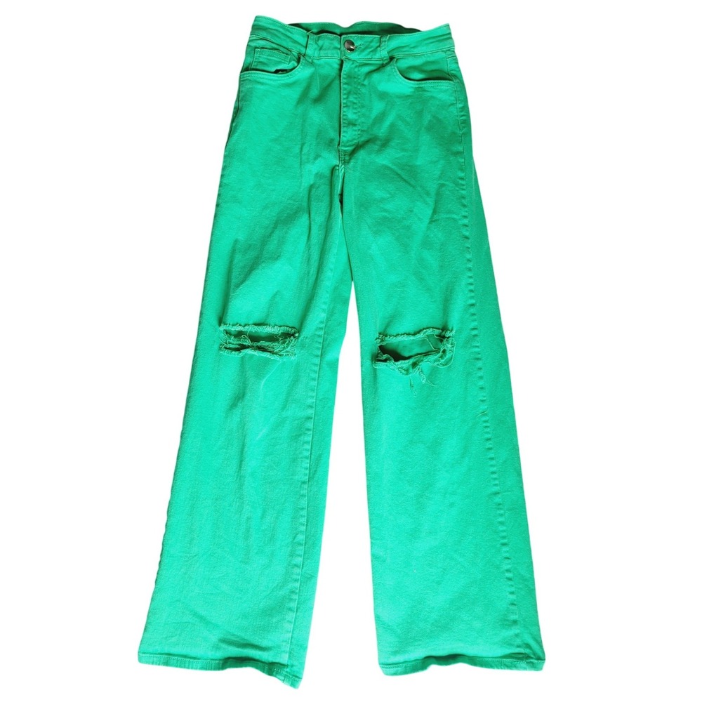 LVB Green Wide Leg Distressed High Rise Jeans Ripped Knee LVB-230 Womens Large